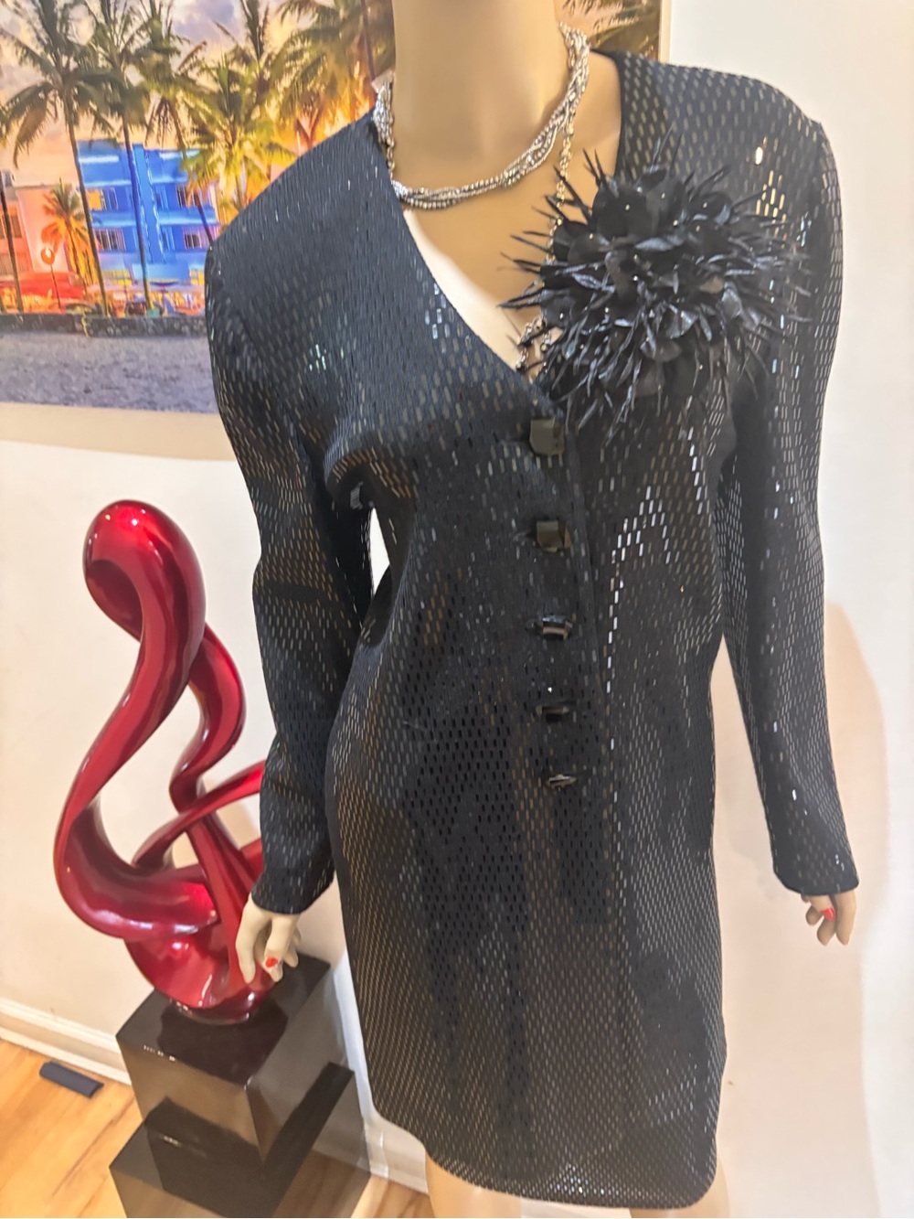 St. John Black Sequin skirt suit long overcoat duster Blazer Jacket 12 10 sparkl